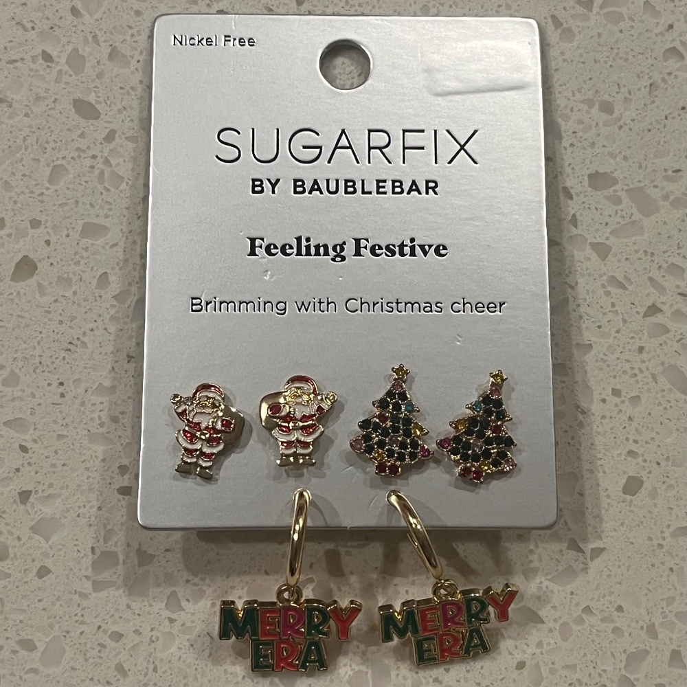 Sugarfix FEELING FESTIVE by BaubleBar Earring Set 3pc Tree Santa "Merry Era"